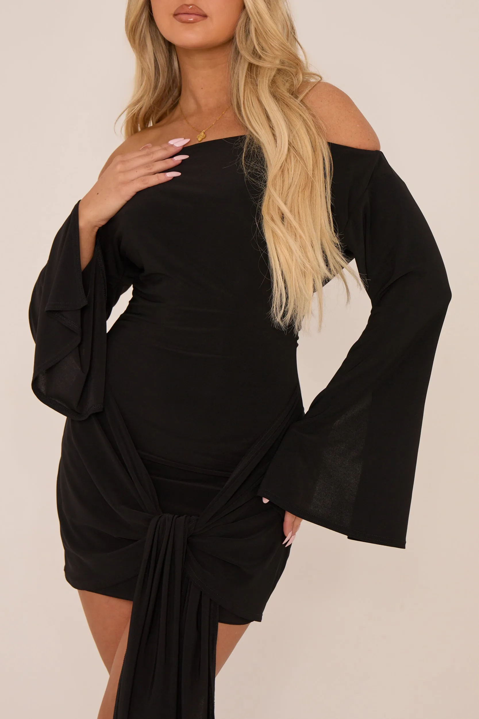 Black Long Flared Sleeves Drape Detail Bodycon Mini Dress - Maya sold by Rebellious Fashion product image thumbnail 4
