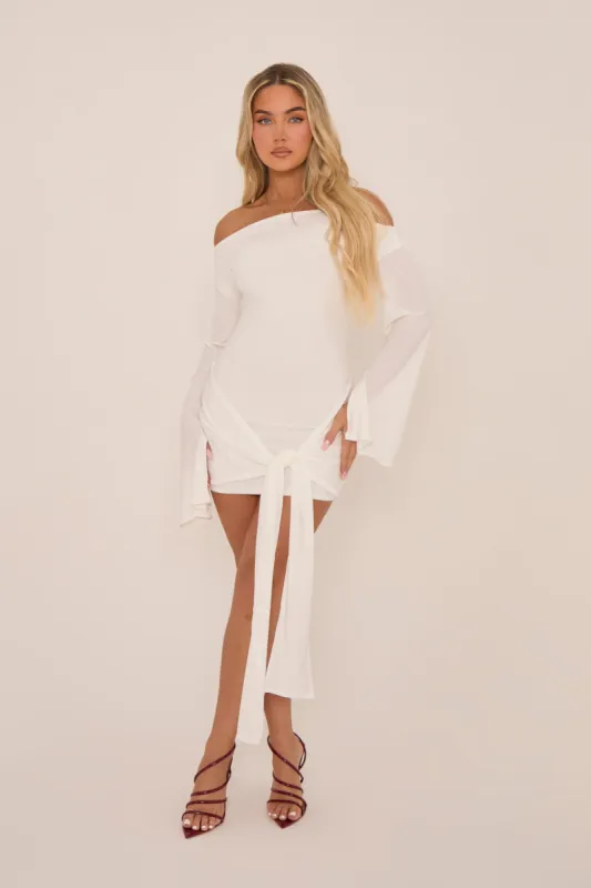 White Long Flared Sleeves Drape Detail Bodycon Mini Dress - Maya sold by Rebellious Fashion