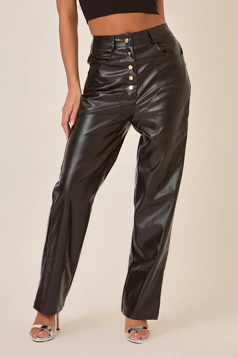 Black Button Front Faux Leather Wide Leg Trousers - Jess sold by Rebellious Fashion product image thumbnail 3