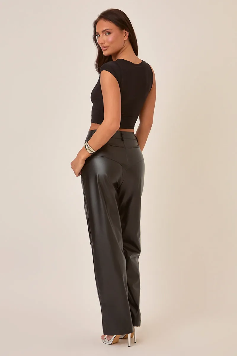 Black Button Front Faux Leather Wide Leg Trousers - Jess sold by Rebellious Fashion product image thumbnail 5