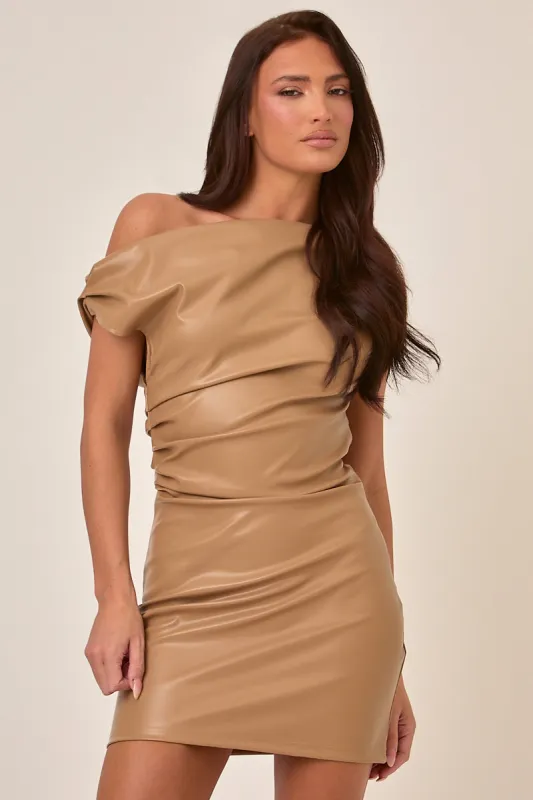 Camel Off Shoulder Faux Leather Mini Dress - Kezia sold by Rebellious Fashion