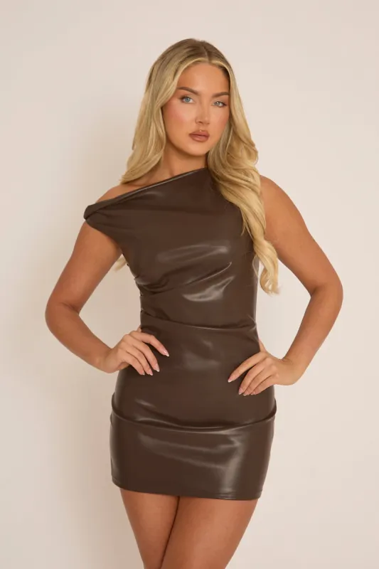 Chocolate Faux Leather One Shoulder Mini Dress - Kezia sold by Rebellious Fashion