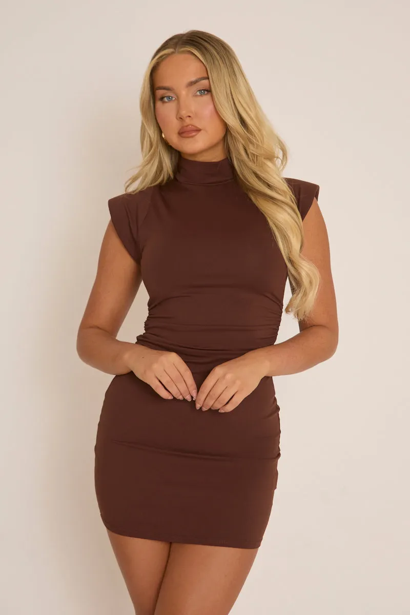 Chocolate High Neck Shoulder Pads Ruched Mini Dress - Meliana sold by Rebellious Fashion product image thumbnail 3