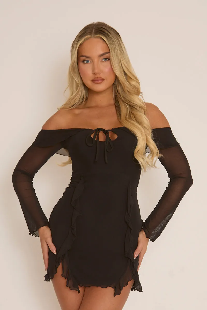 Black Ruffle Bardot Long Sleeve Mini Dress - Tallulah sold by Rebellious Fashion product image thumbnail 3