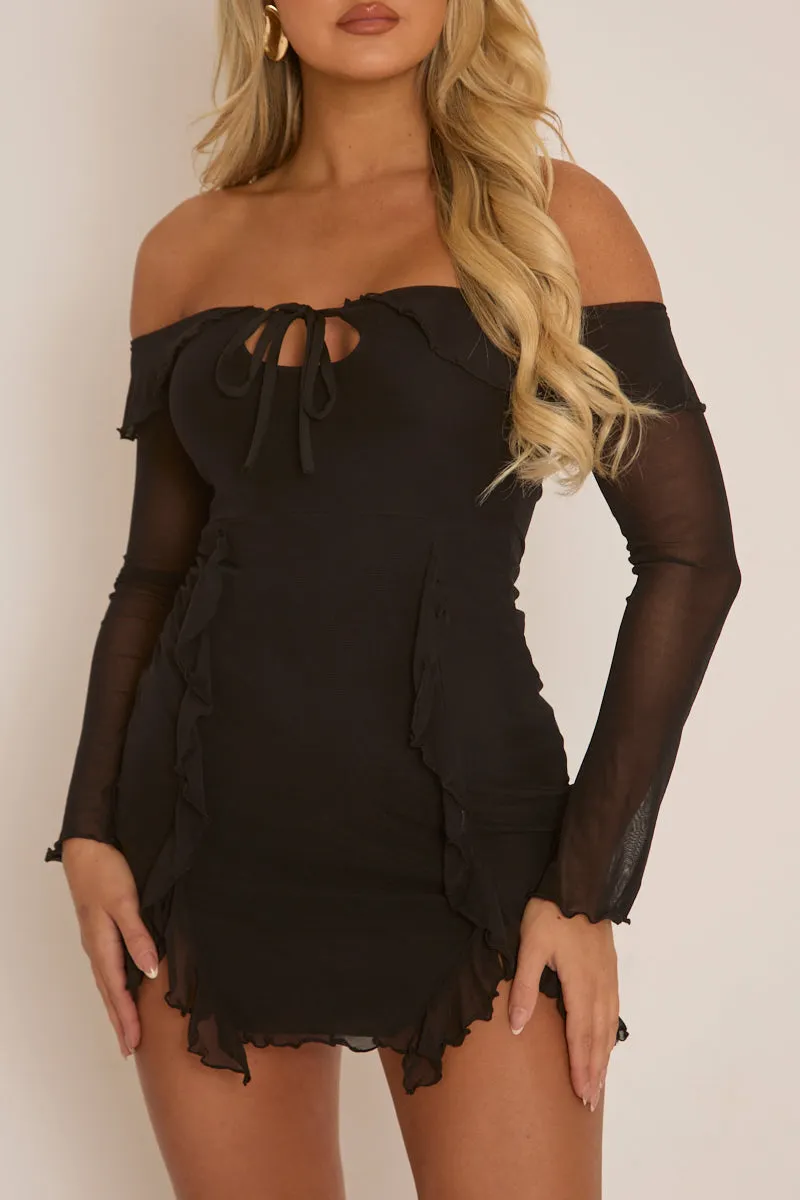 Black Ruffle Bardot Long Sleeve Mini Dress - Tallulah sold by Rebellious Fashion product image thumbnail 4