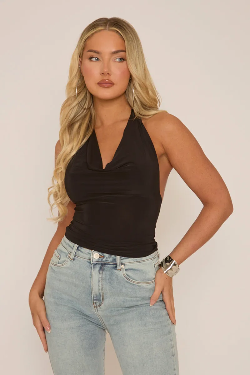 Black Slinky Plunge Halter Top - Aino sold by Rebellious Fashion