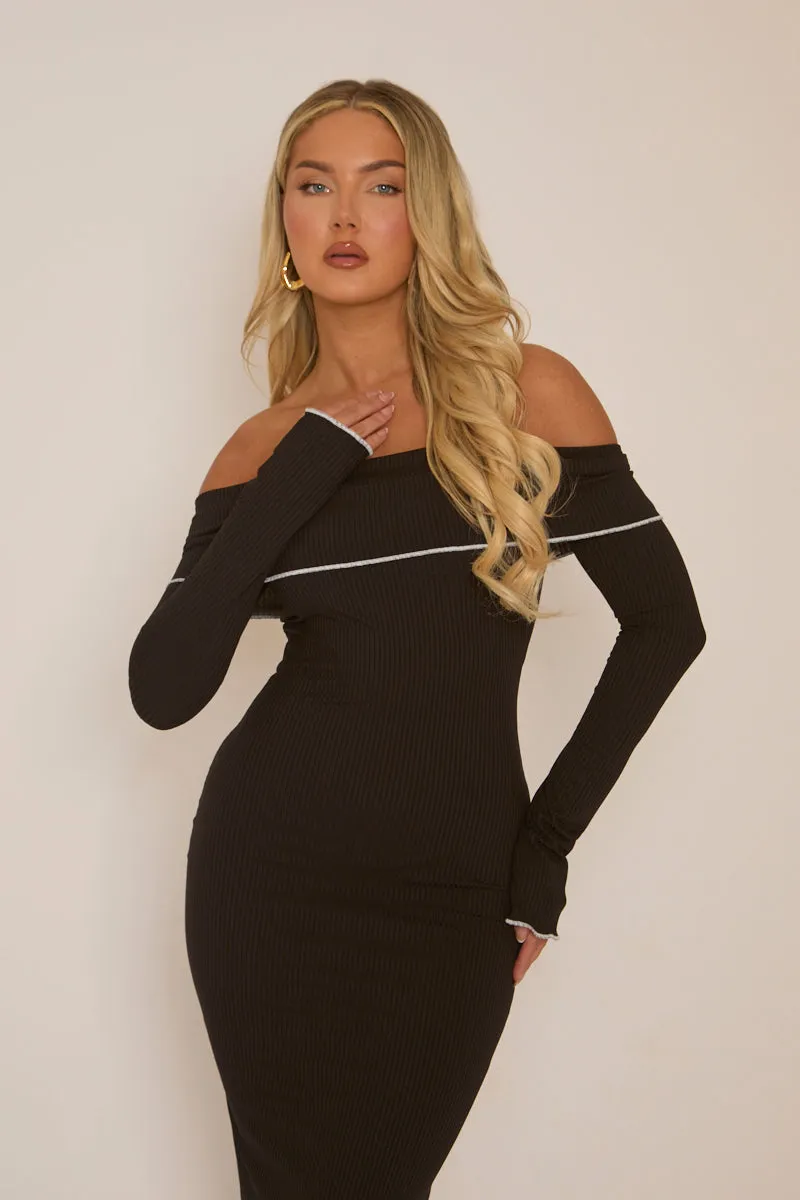 Black Knitted Fold Over Bardot Contrast Midi Dress - Josy sold by Rebellious Fashion product image thumbnail 3