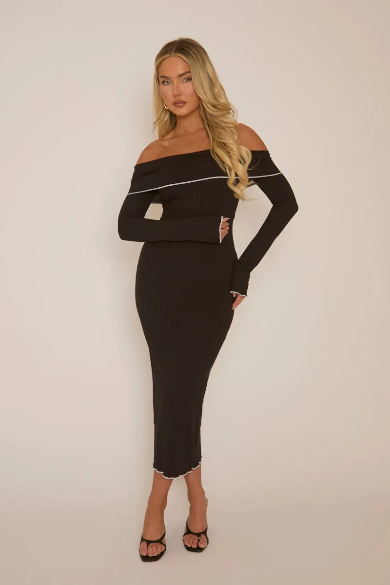 Black Knitted Fold Over Bardot Contrast Midi Dress - Josy sold by Rebellious Fashion product image thumbnail 2