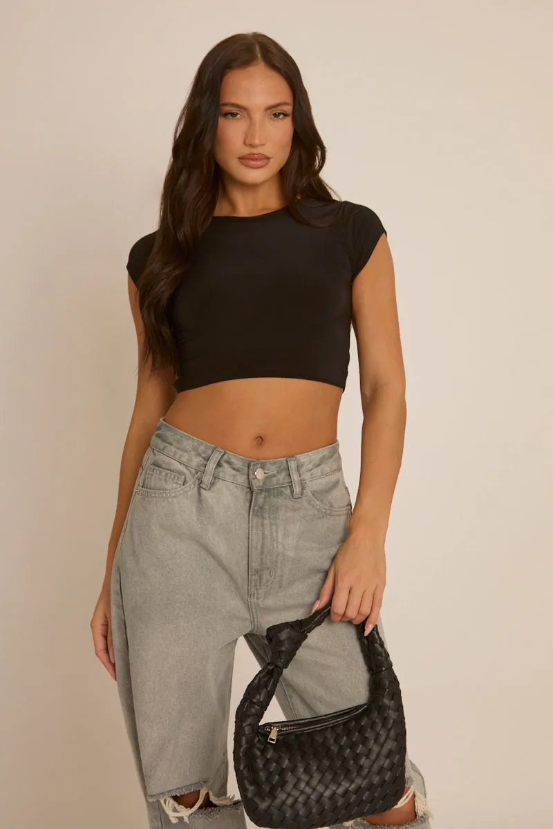 Black Slinky Open Back Crop Top - Alexandria sold by Rebellious Fashion product image thumbnail 2