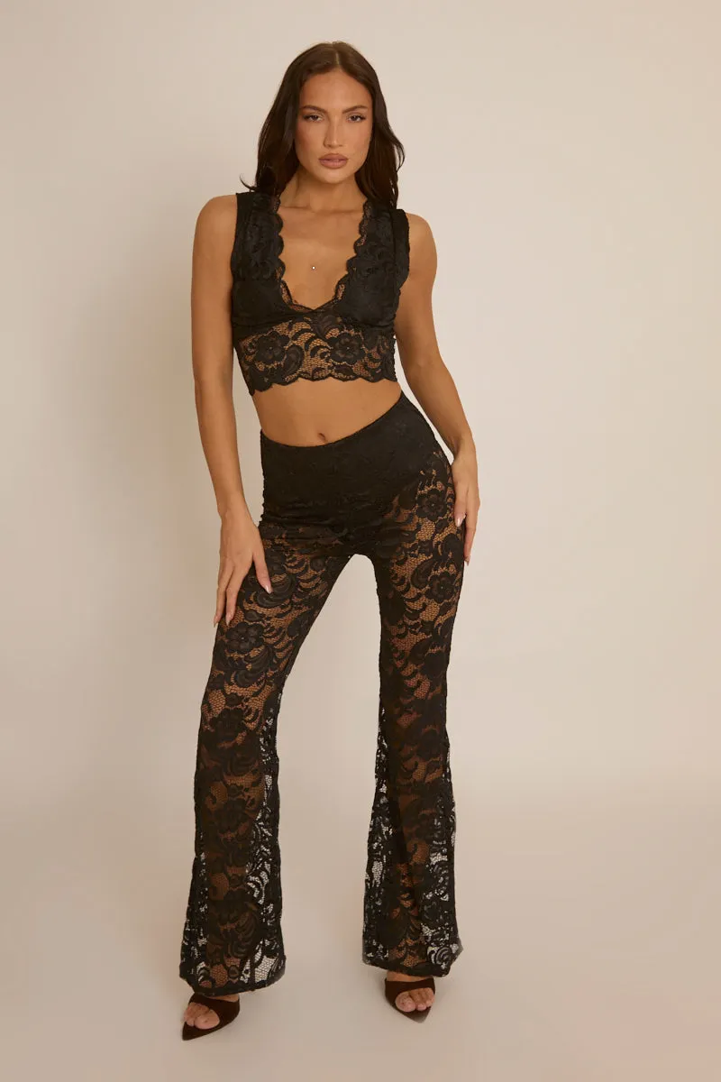 Black Lace Top and Kick flare Trouser Co-Ord Set - Uma sold by Rebellious Fashion product image thumbnail 2