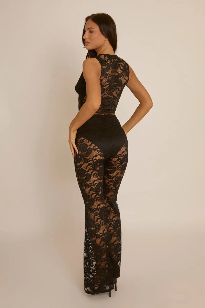 Black Lace Top and Kick flare Trouser Co-Ord Set - Uma sold by Rebellious Fashion product image thumbnail 5