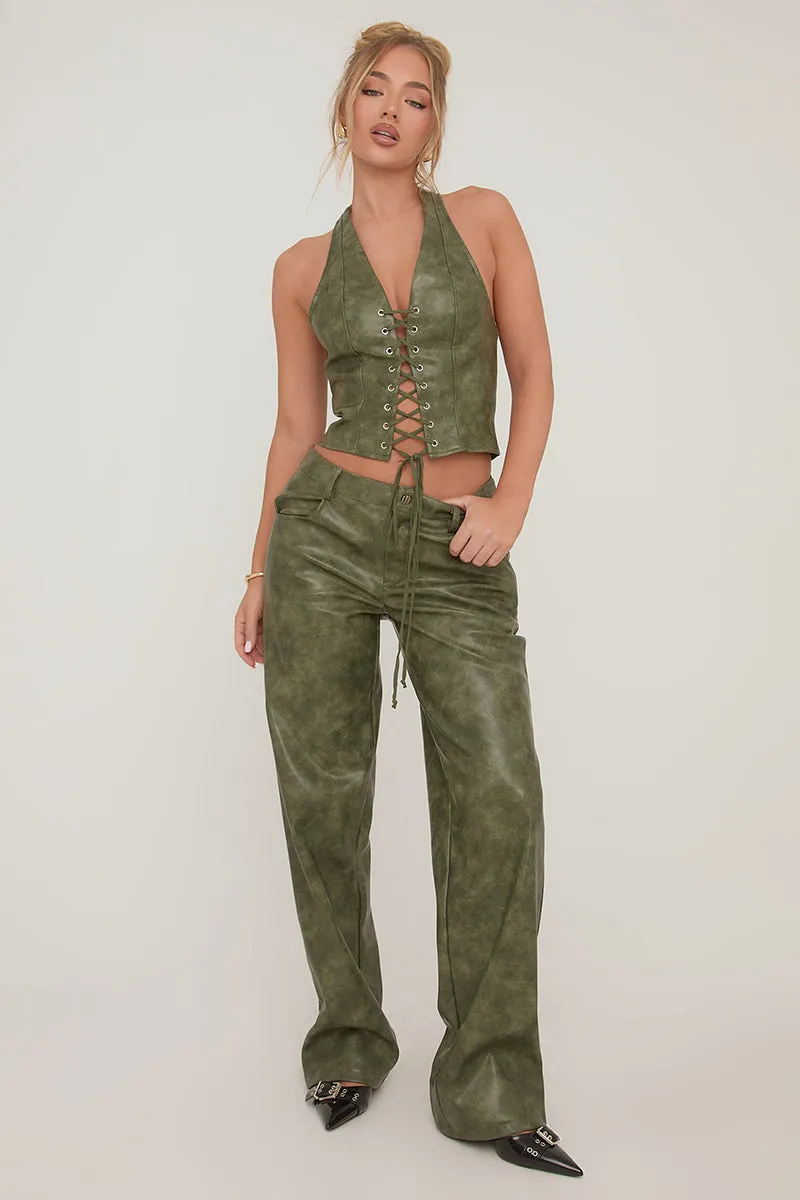 Green Faux Leather Low Rise Trousers - Charity sold by Rebellious Fashion