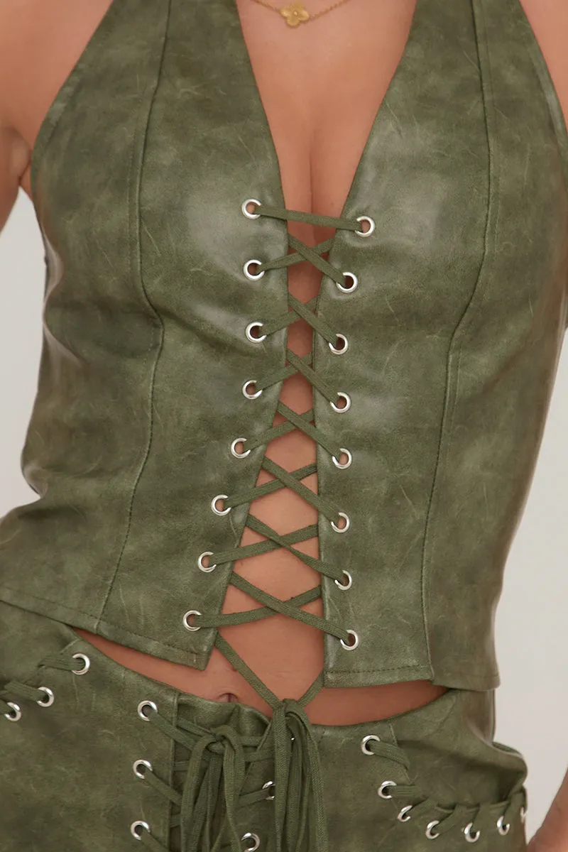 Green Faux Leather Lace Front Halter Top - Avonlea sold by Rebellious Fashion product image thumbnail 3
