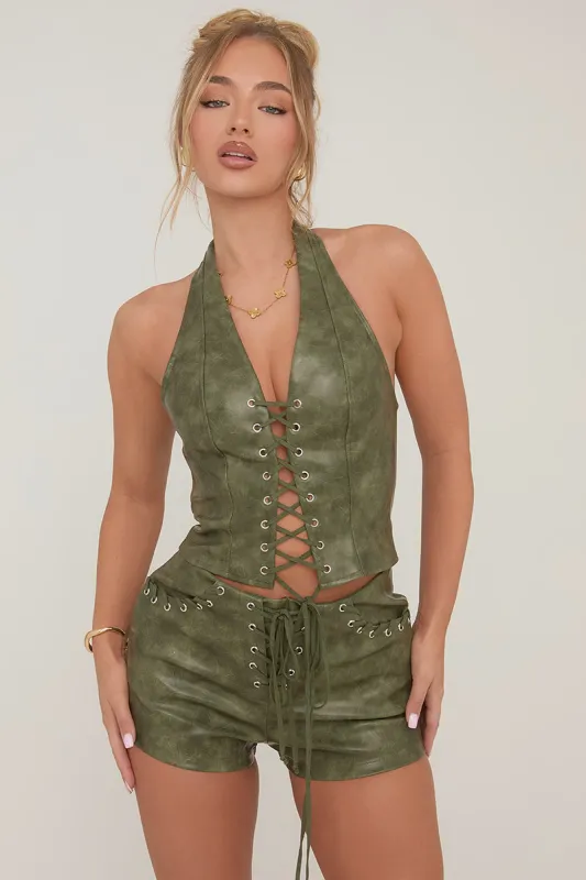 Green Faux Leather Lace Front Halter Top - Avonlea sold by Rebellious Fashion