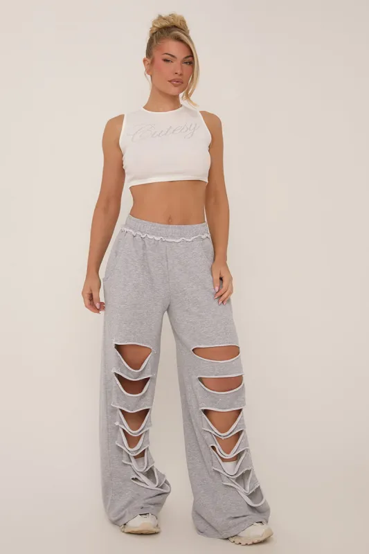 Grey Distressed Ripped Wide Leg Joggers - Emory sold by Rebellious Fashion