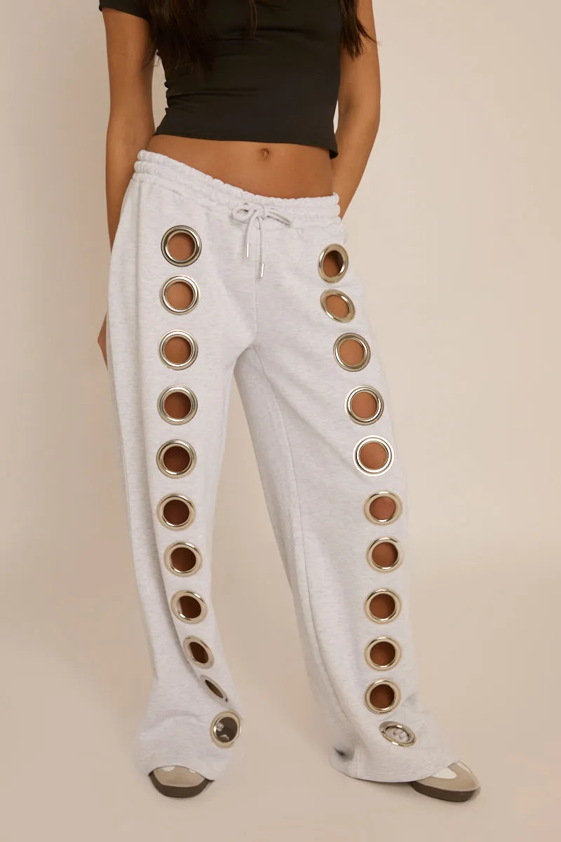 Grey Eyelet Wide Leg Joggers - Serena sold by Rebellious Fashion product image thumbnail 3