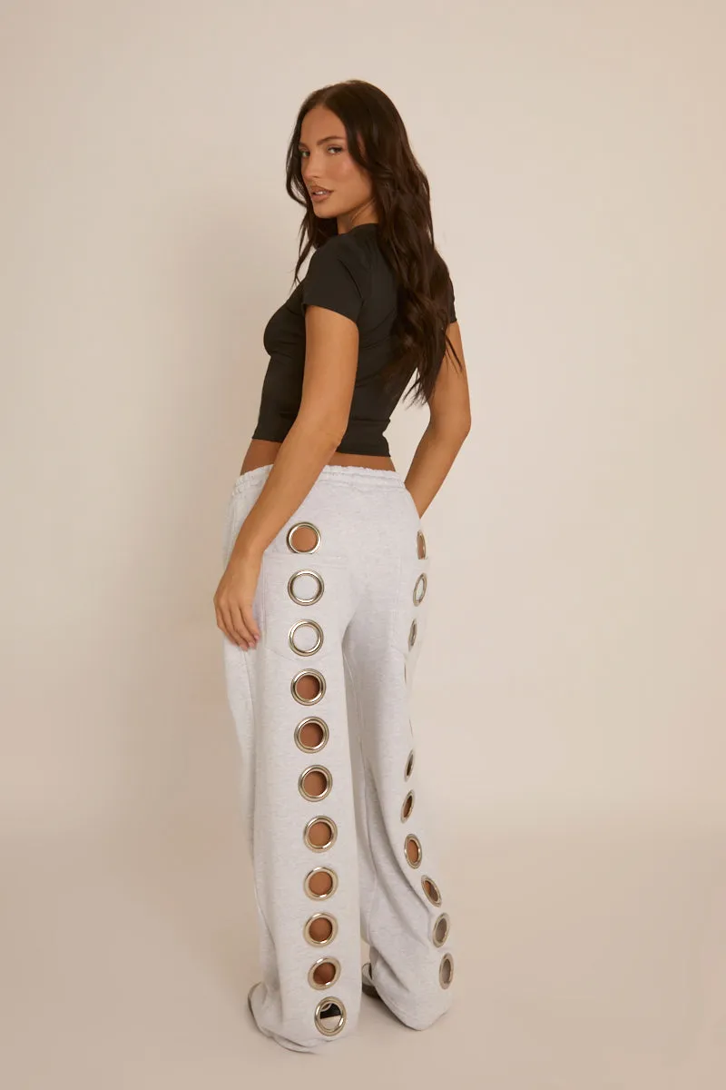Grey Eyelet Wide Leg Joggers - Serena sold by Rebellious Fashion product image thumbnail 5