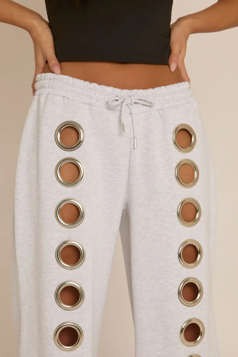 Grey Eyelet Wide Leg Joggers - Serena sold by Rebellious Fashion product image thumbnail 4