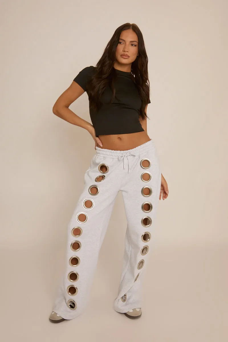 Grey Eyelet Wide Leg Joggers - Serena sold by Rebellious Fashion product image thumbnail 2