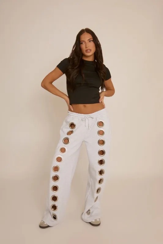 Grey Eyelet Wide Leg Joggers - Serena sold by Rebellious Fashion
