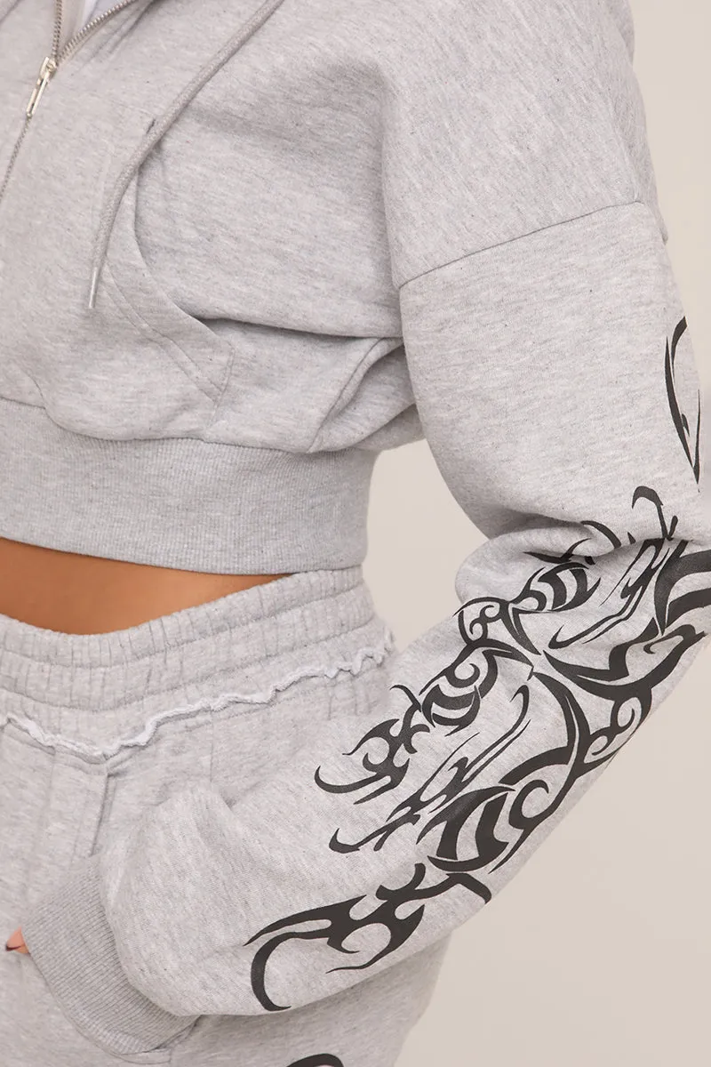 Grey Graphic Printed Zip Through Crop Hoodie - Charlee sold by Rebellious Fashion product image thumbnail 3