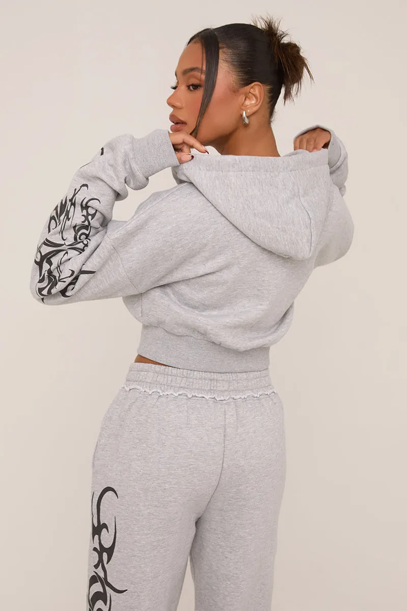 Grey Graphic Printed Zip Through Crop Hoodie - Charlee sold by Rebellious Fashion product image thumbnail 4