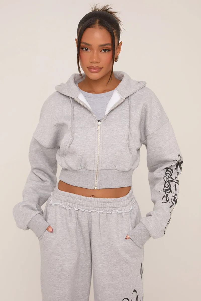 Grey Graphic Printed Zip Through Crop Hoodie - Charlee sold by Rebellious Fashion