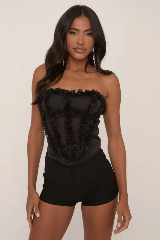 Black Semi Sheer Ruffle Corset Top - Aniyah sold by Rebellious Fashion