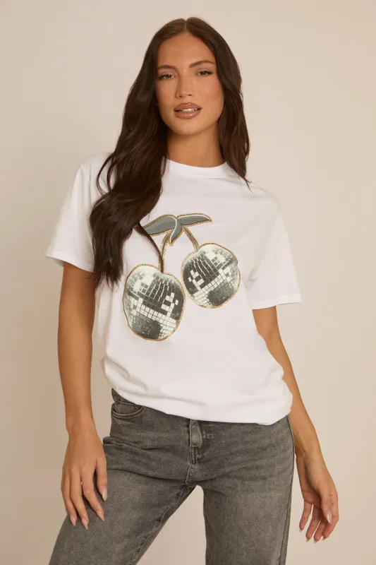 White Disco Cherry Tshirt - Selah sold by Rebellious Fashion