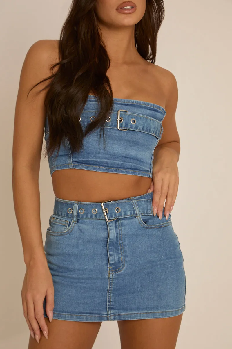 Blue Denim Bandeau Crop Top and Mini Skirt Co-Ord - Elianna sold by Rebellious Fashion product image thumbnail 3