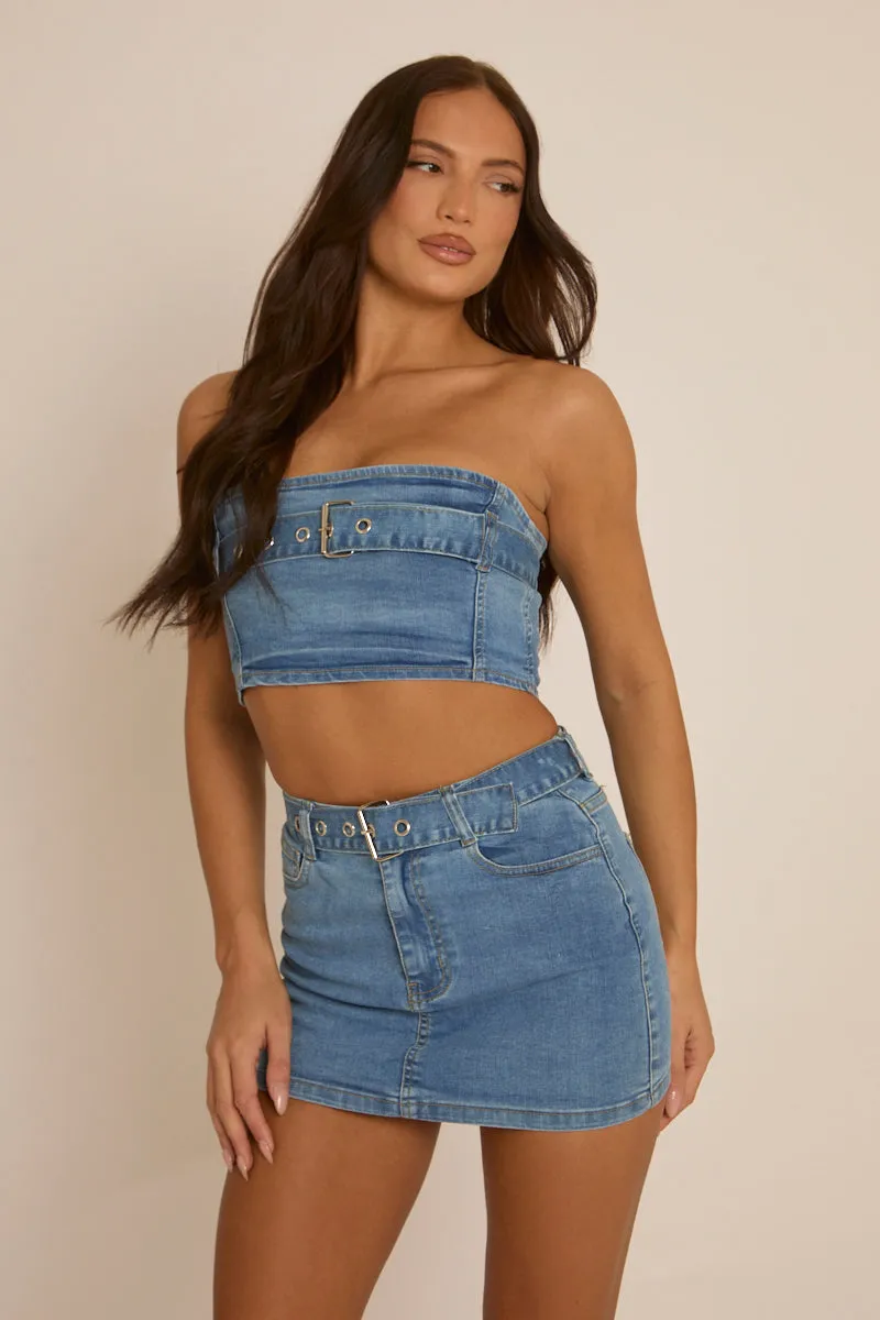 Blue Denim Bandeau Crop Top and Mini Skirt Co-Ord - Elianna sold by Rebellious Fashion product image thumbnail 2