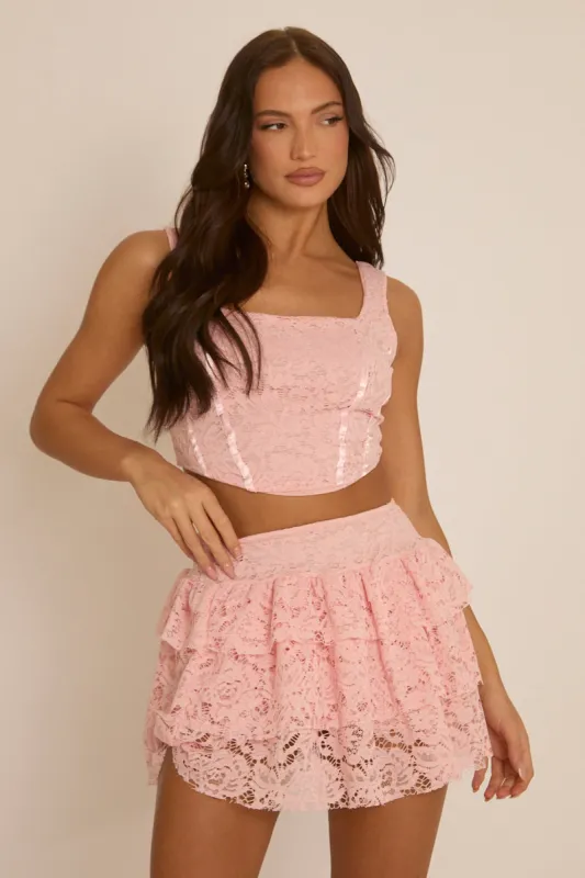 Pink Lace Corset and Ruffle Mini Skirt Co-Ord- Ariel sold by Rebellious Fashion