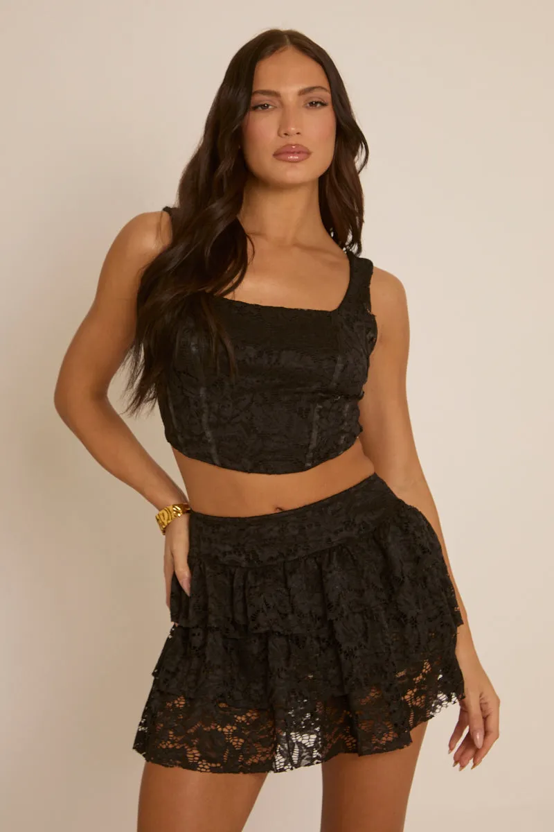 Black Lace Corset and Ruffle Mini Skirt Co-Ord - Ariel sold by Rebellious Fashion