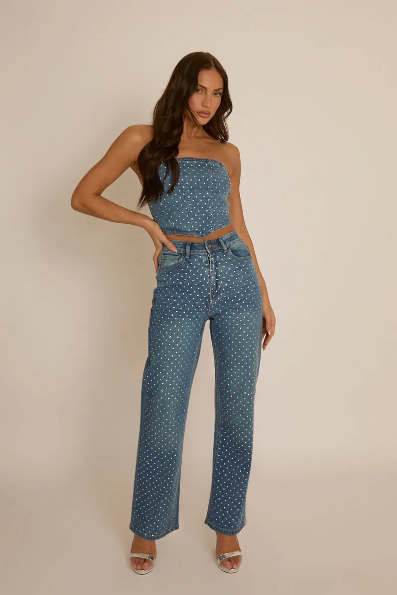 Blue Denim Diamante Embellished Corset Top - Elaina sold by Rebellious Fashion product image thumbnail 2