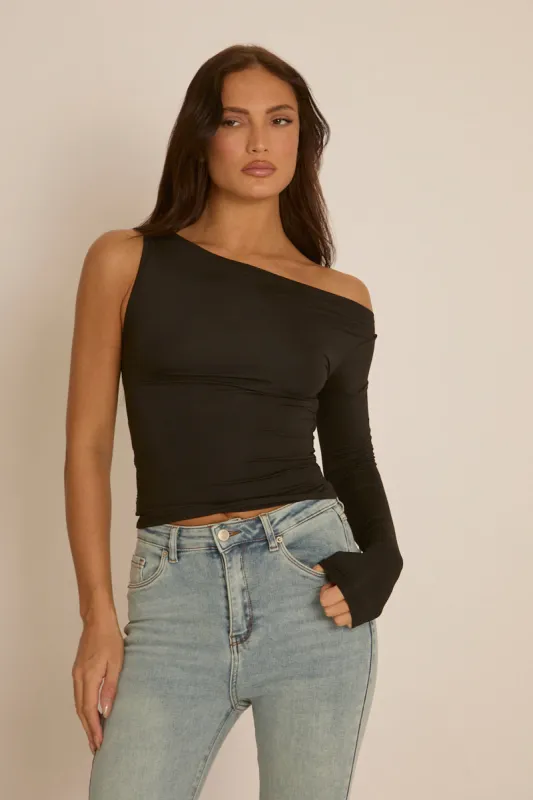 Black Asymmetric Sleeve Top - Christa sold by Rebellious Fashion