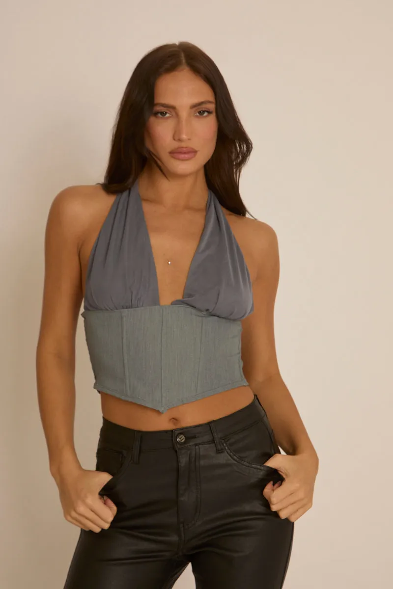 Grey Halter Corset Cropped Top - River sold by Rebellious Fashion