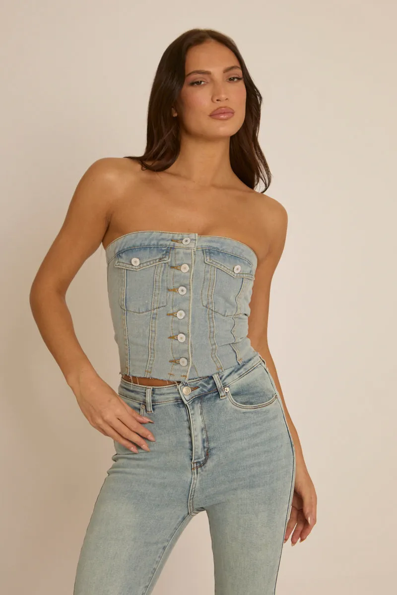 Blue Denim Button Front Crop Top - Tania sold by Rebellious Fashion