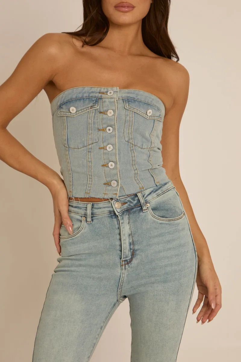 Blue Denim Button Front Crop Top - Tania sold by Rebellious Fashion product image thumbnail 4