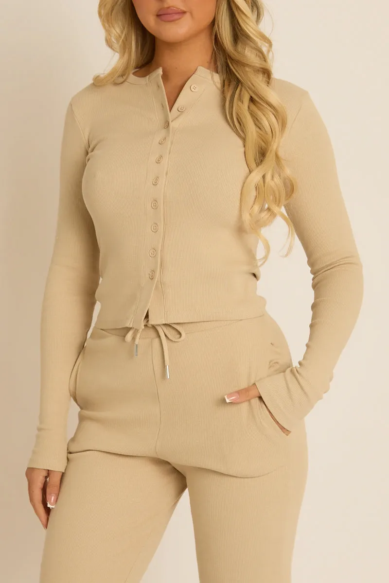 Beige Button Front Long Sleeve Top and Trouser Loungewear Set - Izzabelle sold by Rebellious Fashion product image thumbnail 2