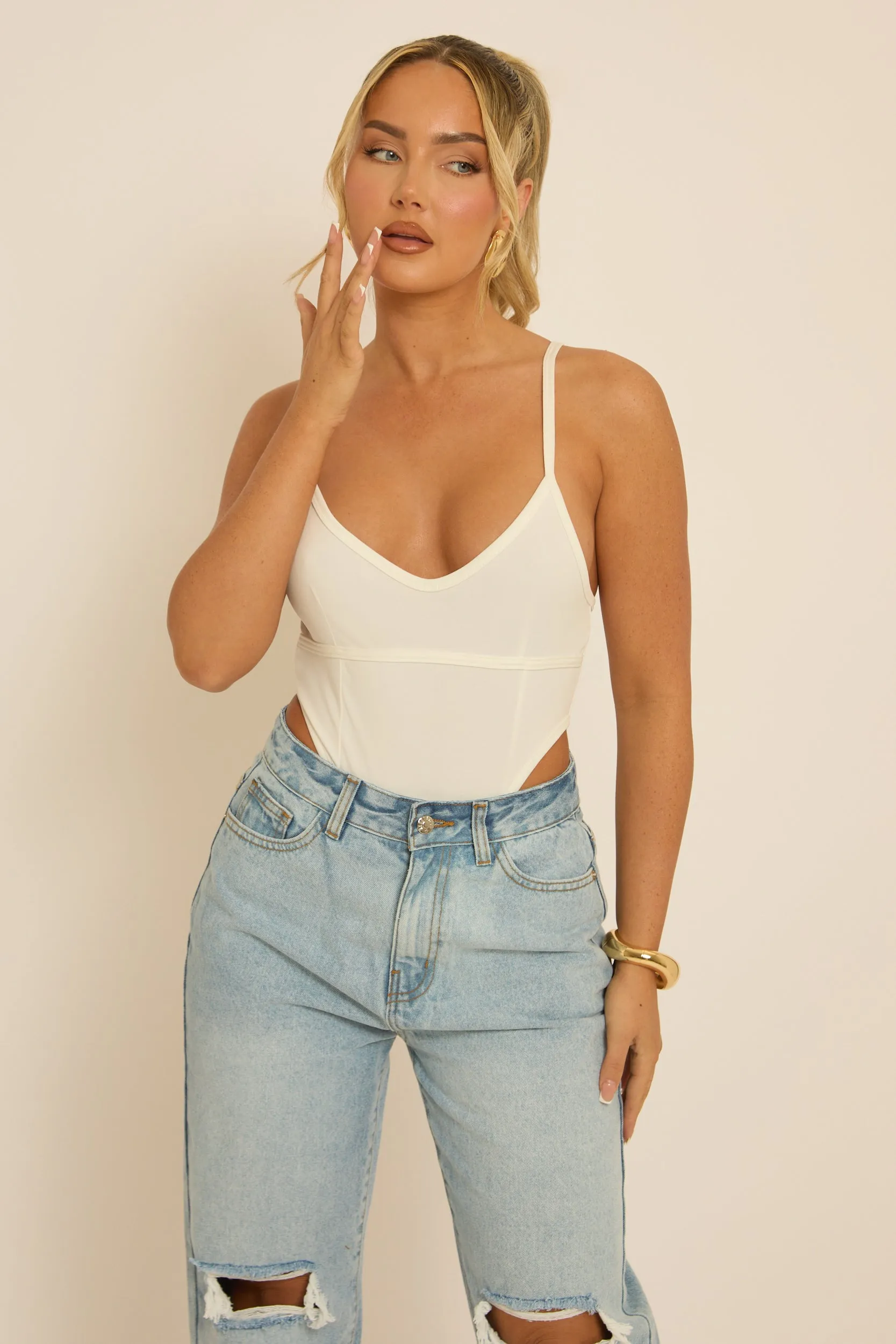 White Corset Detail Jersey Bodysuit - Clara sold by Rebellious Fashion product image thumbnail 3