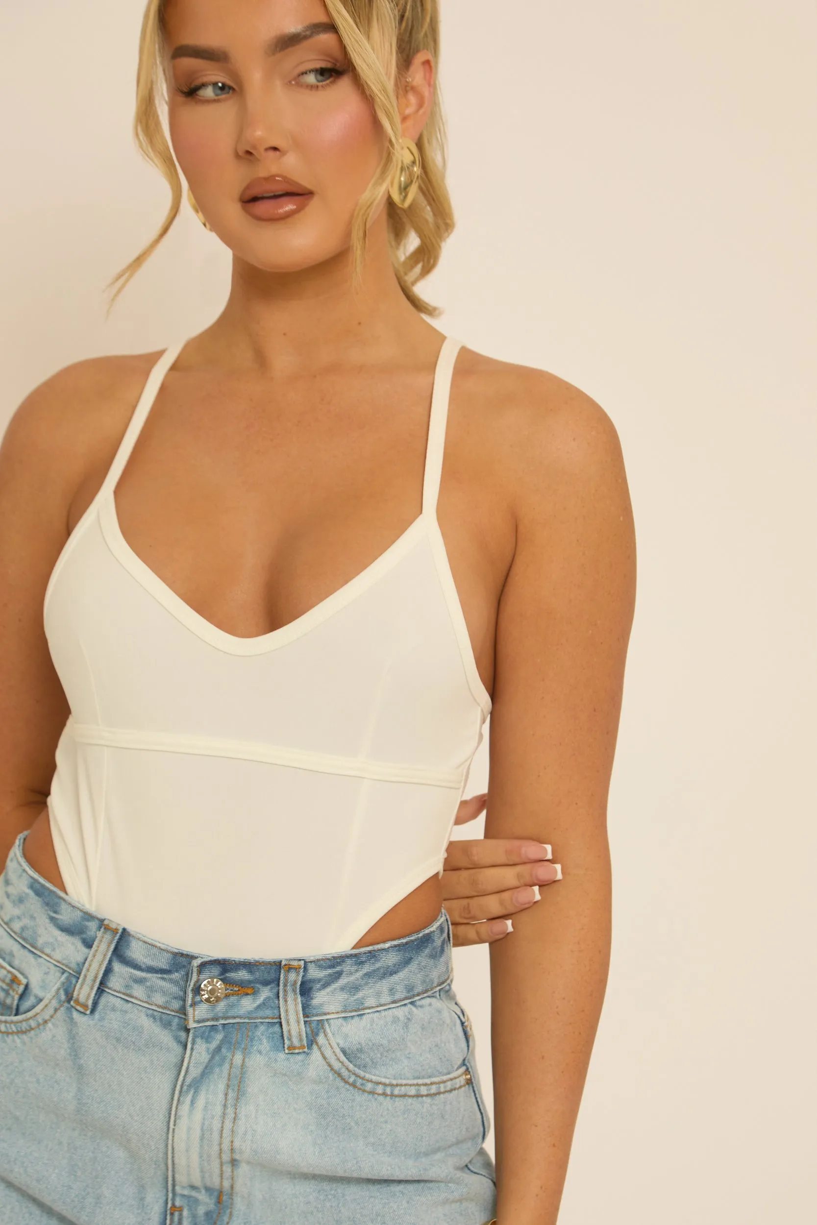 White Corset Detail Jersey Bodysuit - Clara sold by Rebellious Fashion product image thumbnail 4