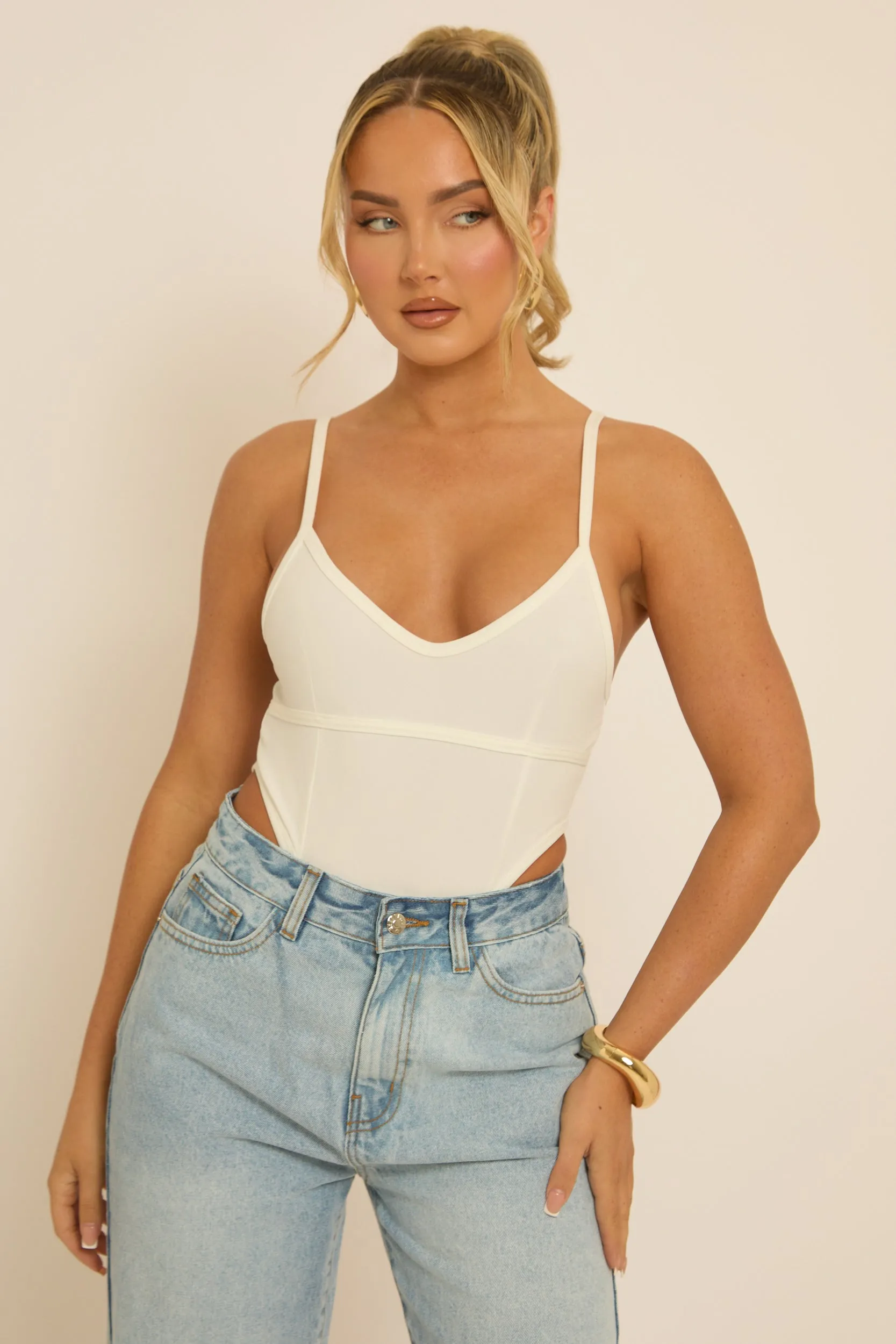 White Corset Detail Jersey Bodysuit - Clara sold by Rebellious Fashion
