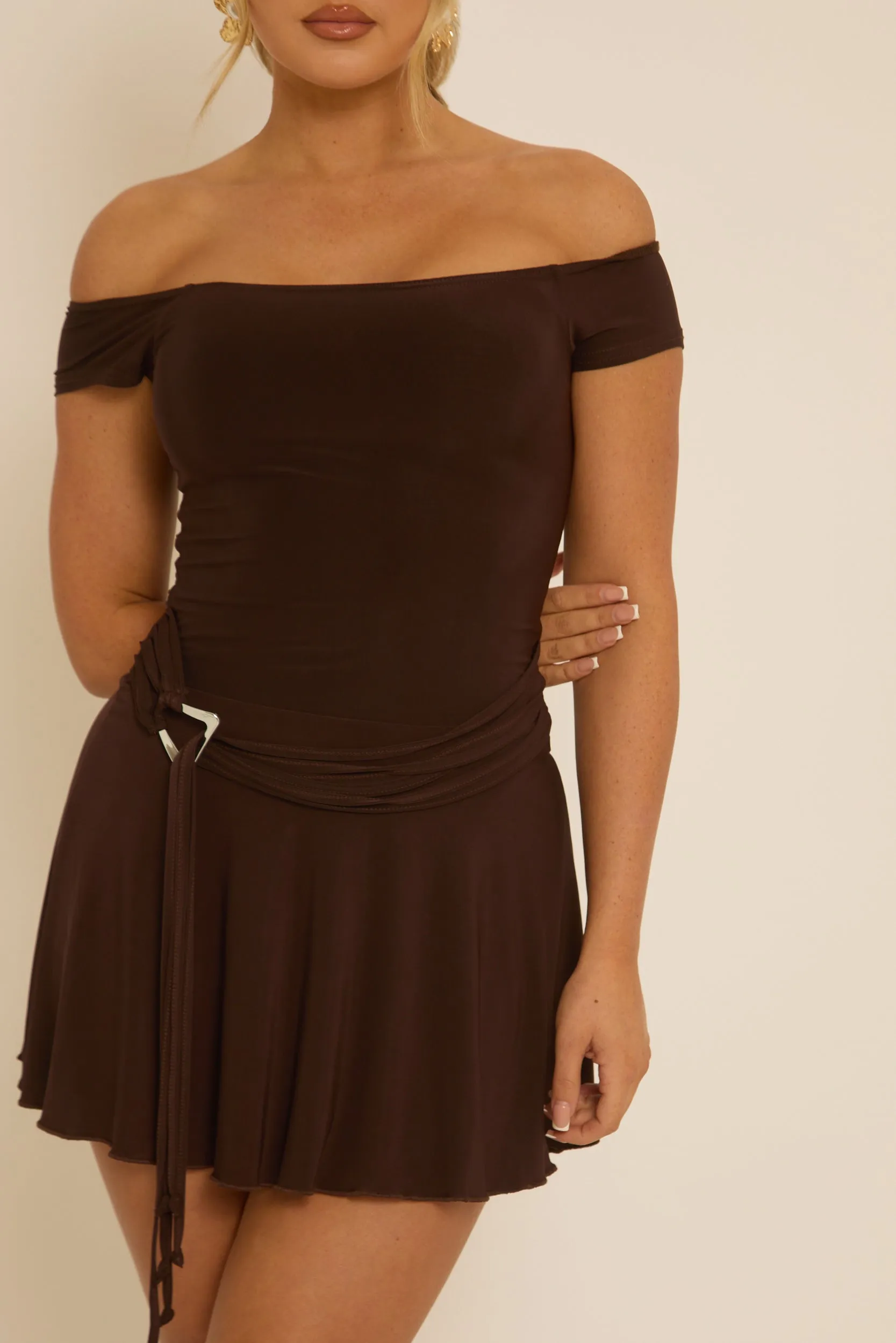 Chocolate Belted Off Shoulder Slinky Mini Dress - Patrice sold by Rebellious Fashion product image thumbnail 4