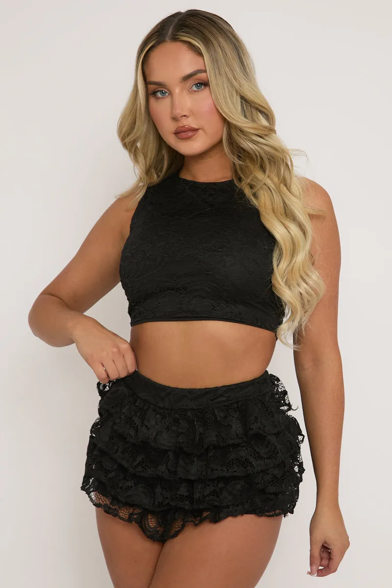 Black Lace Top and Ruffle Skort Co-ord Set - Doreen sold by Rebellious Fashion product image thumbnail 4