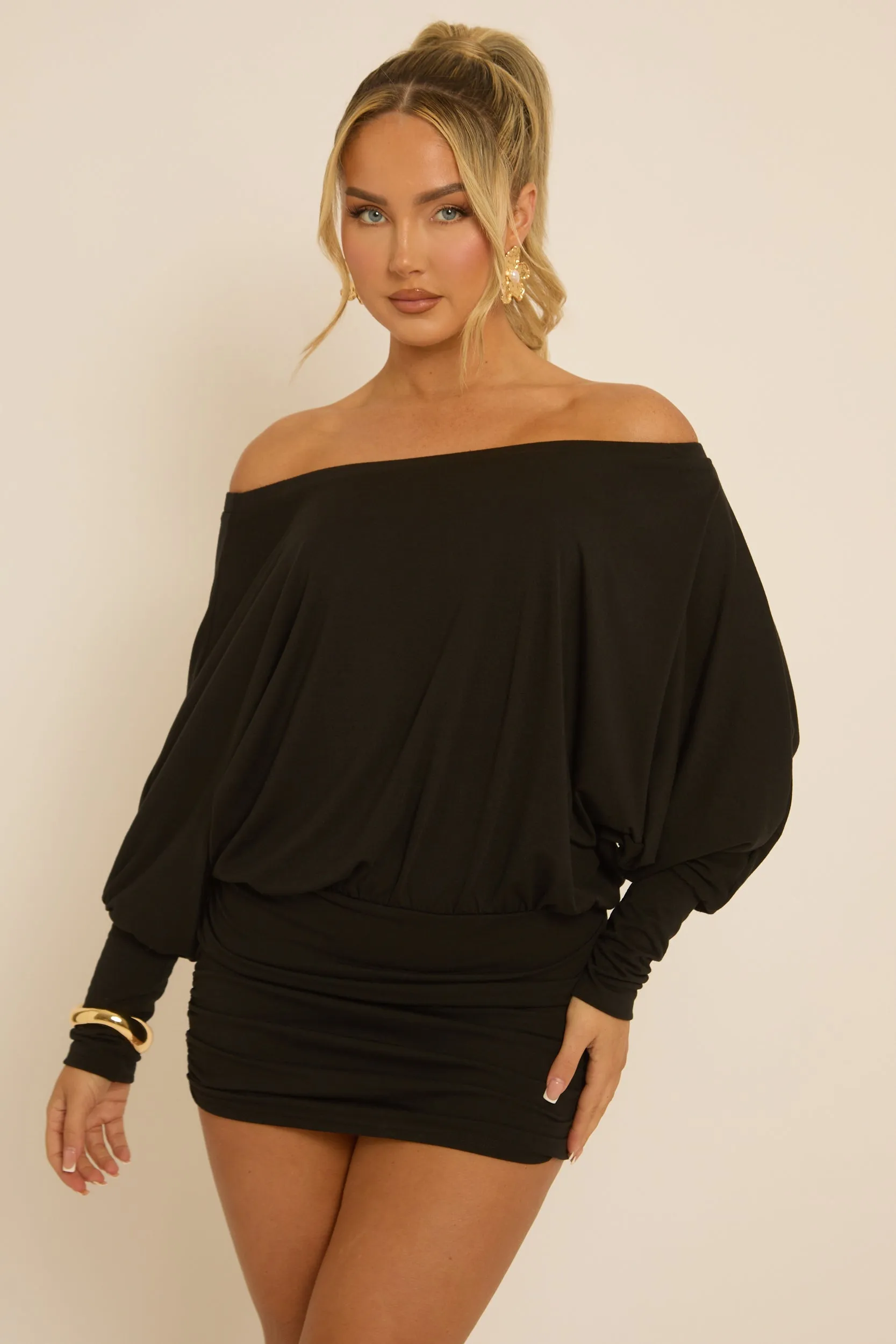 Black Batwing Bardot Mini Dress - Clarice sold by Rebellious Fashion product image thumbnail 2