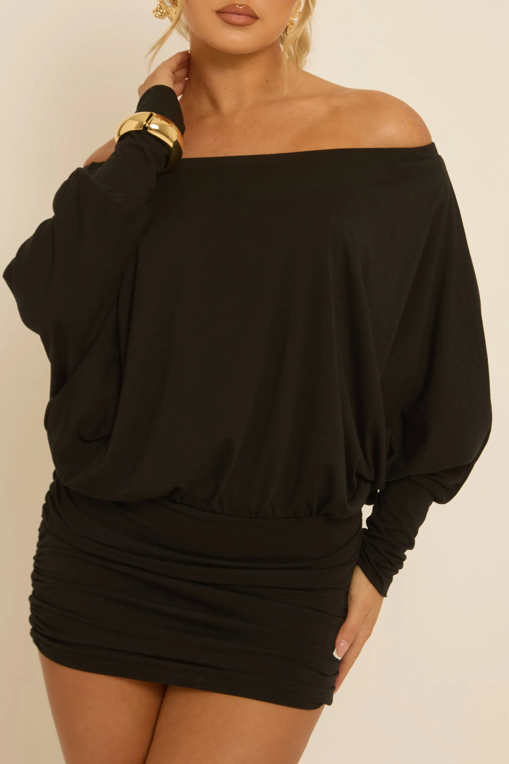 Black Batwing Bardot Mini Dress - Clarice sold by Rebellious Fashion product image thumbnail 3