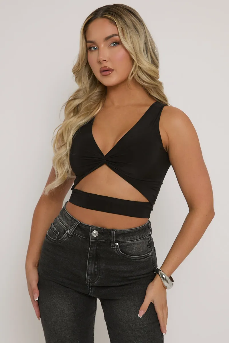 Black Twist Front Cut Out Crop Top - Joyce sold by Rebellious Fashion