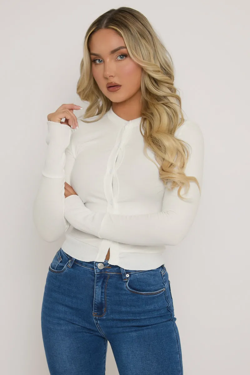 White Button Up Rib Long Sleeve Top - Georgiana sold by Rebellious Fashion