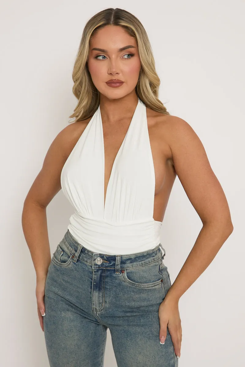 White Slinky Plunge Bodysuit - Akari sold by Rebellious Fashion