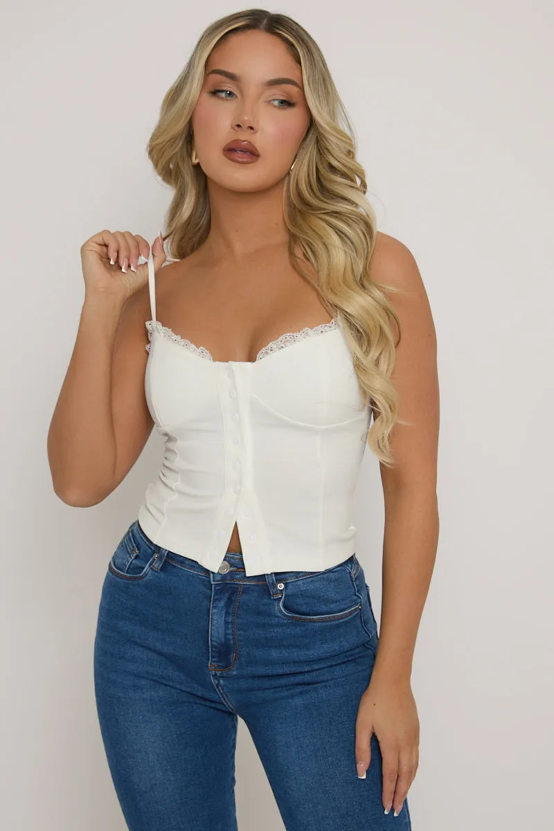 White Lace Trim Button Down Corset Top - Merilyn sold by Rebellious Fashion